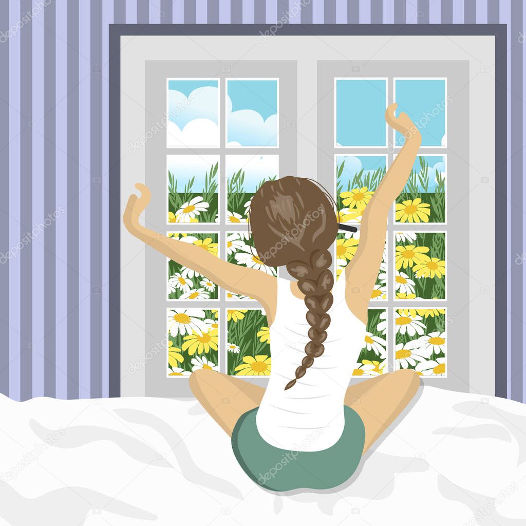 Woman stretching in bed after wake up. Concept for holidays and vacations. Summer scenery. Flat vector illustration