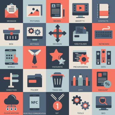 Mobil kavramlar ve web uygulamaları için elementler içeren vektör simgelerini ayarla. İş ve pazarlama, programlama, veri yönetimi, internet bağlantısı, sosyal ağ, bilgisayar, bilgi. Vektör