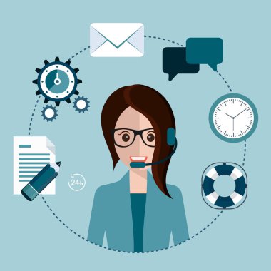 Müşteri hizmetleri konsepti. Düz simgeler seti bizimle irtibat kurar, yardım masasını destekler, telefon görüşmesi yapar ve bilgi grafikleri tasarım web elemanları için web sitesine tıklanır. Vektör illüstrasyonu
