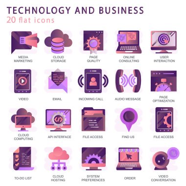 Mobil kavramlar ve web uygulamaları için elementler içeren vektör simgelerini ayarla. İş ve pazarlama, programlama, veri yönetimi, internet bağlantısı, sosyal ağ, bilgisayar, bilgi. Vektör