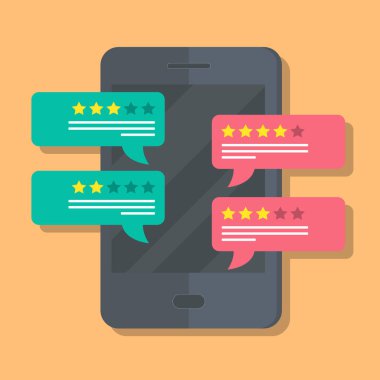 Geri bildirim kavramı, ifadeler, mesajlar ve bildirimler. Cep telefonundaki konuşma baloncukları, değerlendirme dereceli, düz stil akıllı telefon yıldızları iyi ve kötü oranda ve mesajla yorumluyor. Düz vektör.