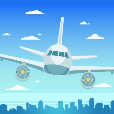 Şehir gökdelenlerinin üzerinde uçan uçak. Gökyüzü şehrindeki gökyüzü manzaralı arka plan afişi. Düz vektör illüstrasyonu