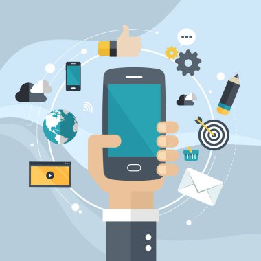 Mobil uygulama geliştirme ya da akıllı telefon uygulaması programlama için modern düz tasarım simgeleri. Mobil uygulama kavramları için arayüz ögeleri. Düz vektör illüstrasyonu