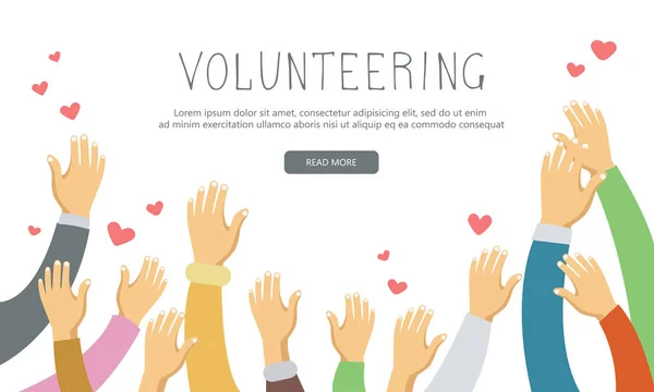 Εθελοντισμός Έννοια Χέρι Υψωμένο Επάνω Επίπεδη Διανυσματικά Εικονογράφηση — Διανυσματικό Αρχείο
