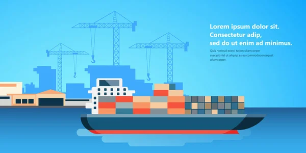 Container Ship Freight Port Terminal Unloading Merchant Marine Flat Vector — Stock Vector