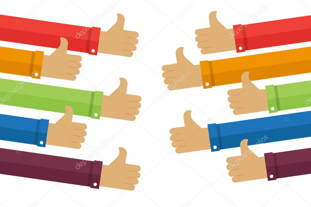 Thumbs up hands. Business compliment concept. Flat vector illustration