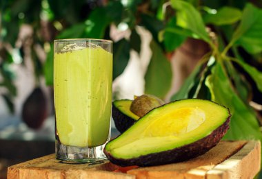 Arka planda Avokado ağacı ile avokado güler yüzlü