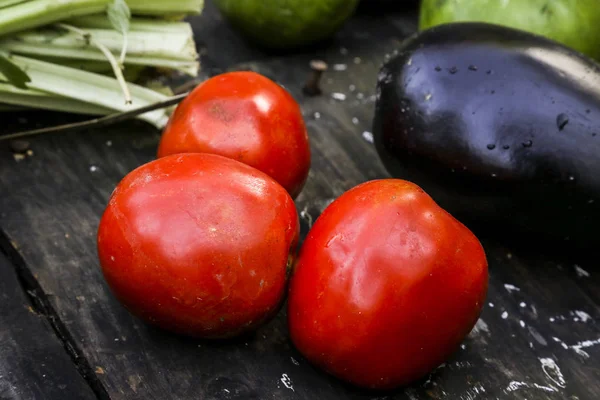 Taze sebze doğal organik bahçe hasat. Domates, şalgam, havuç, patlıcan, marul. Taze sebze ve salata wook yemeye