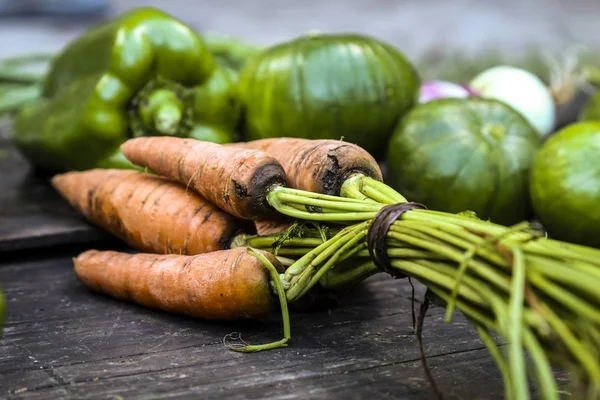 Taze sebze doğal organik bahçe hasat. Domates, şalgam, havuç, patlıcan, marul. Taze sebze ve salata wook yemeye