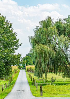 Amiş ülkesi, Lancaster Pa Us - 4 Eylül 2019, Lancaster 'daki tarlalar arasında ev, çit, ağaç, çimen, Pa Us