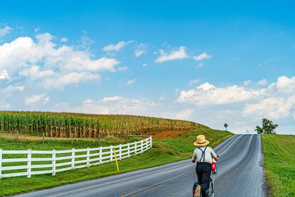 Amish χώρα αγρόκτημα γεωργία, αγόρι σε ένα σκούτερ στο Λάνκαστερ, Pa Us — Φωτογραφία Αρχείου