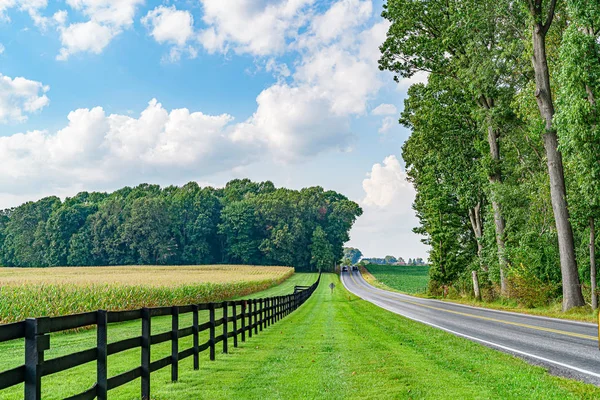 Amish campo agrícola, hermosa cerca de madera marrón, granja, granero en Lancaster, PA US — Foto de Stock