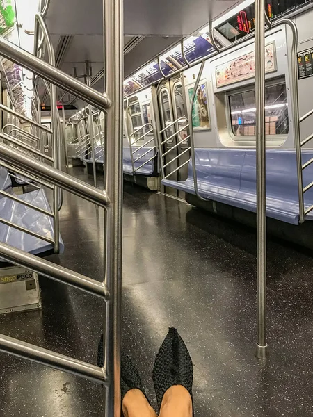 Empty subway car, public transport train in New York with one passenger. March 2020 — Stock Photo, Image