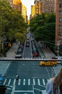 Manhattan, New York, ABD - 29 Ağustos 2019: Manhattan High Line Park. Çevredeki ev ve parkların manzarası. High Line, yüksek demiryolları üzerine inşa edilmiş popüler bir doğrusal parktır..