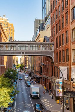 Manhattan, New York, ABD - 29 Ağustos 2019: Manhattan High Line Park. Çevredeki ev ve parkların manzarası. High Line, yüksek demiryolları üzerine inşa edilmiş popüler bir doğrusal parktır..