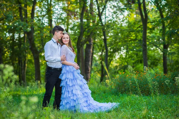 Un couple d'histoire d'amour, amoureux, ensemble dans le parc forestier, fille dans une belle robe violette, soirée ensoleillée, été, tournage de mariage thématique, robe à volants — Photo