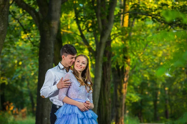 Un couple d'histoire d'amour, amoureux, ensemble dans le parc forestier, fille dans une belle robe violette, soirée ensoleillée, été, se tenant l'un l'autre — Photo