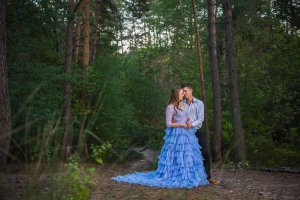 Una pareja de historias de amor, enamorados, juntos en el parque Forrest, chica con un hermoso vestido violeta, tarde, verano, abrazándose, cerca del pino — Foto de Stock