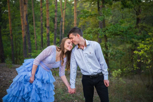 A love story couple, in love, together in the forrest park, girl in a beautiful violet dress,  evening, summer, holding each other, near the pine tree — Stockfoto