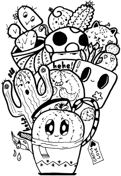 Kaktüs aşk kolay Doodle siyah ve beyaz izole