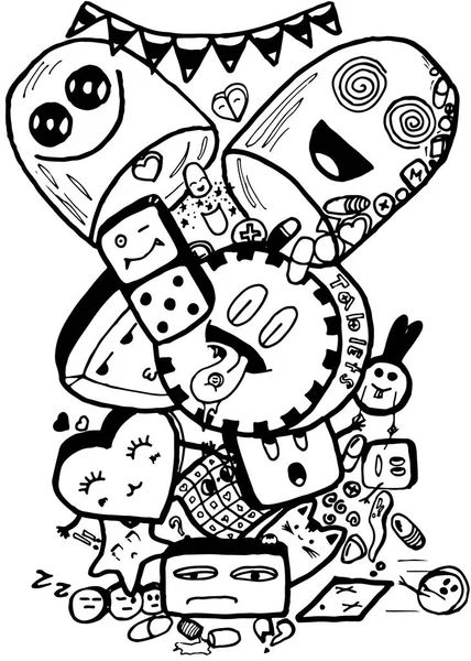 Pigułki łatwe doodle czarno-białe na białym tle obraz — Wektor stockowy