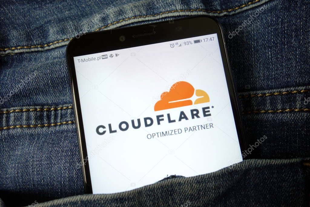 KONSKIE, POLAND - November 24, 2019: Cloudflare Inc logo displayed on mobile phone