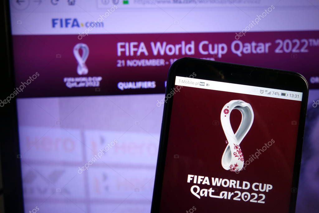 KONSKIE, POLAND - December 07, 2019: Fifa World Cup Qatar 2022 logo displayed on mobile phone