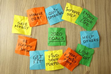 Renkli yapışkan notlara el yazısıyla yazılmış 2020 yılı hedefleri
