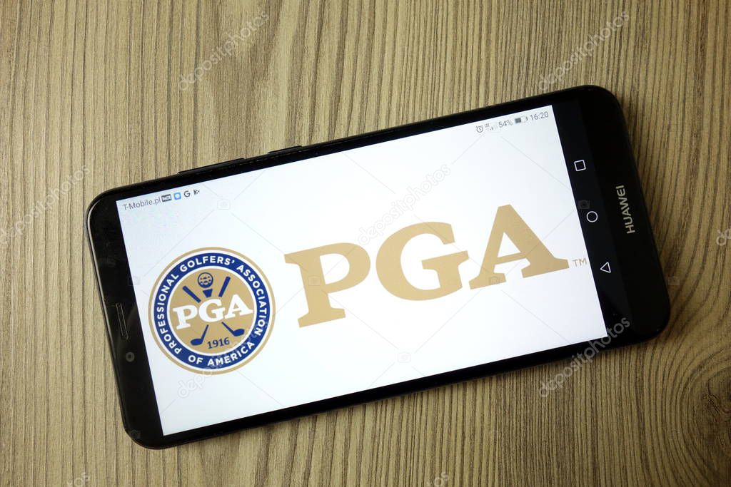 KONSKIE, POLAND - December 21, 2019: Professional Golfers Association of America PGA logo displayed on mobile phone