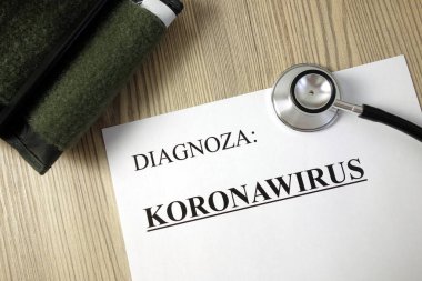 Metin diyagnozası: koronawirüs (Lehçe: koronavirüs) aksesuar ve sağlık konseptiyle ilgili tıbbi belge üzerinde