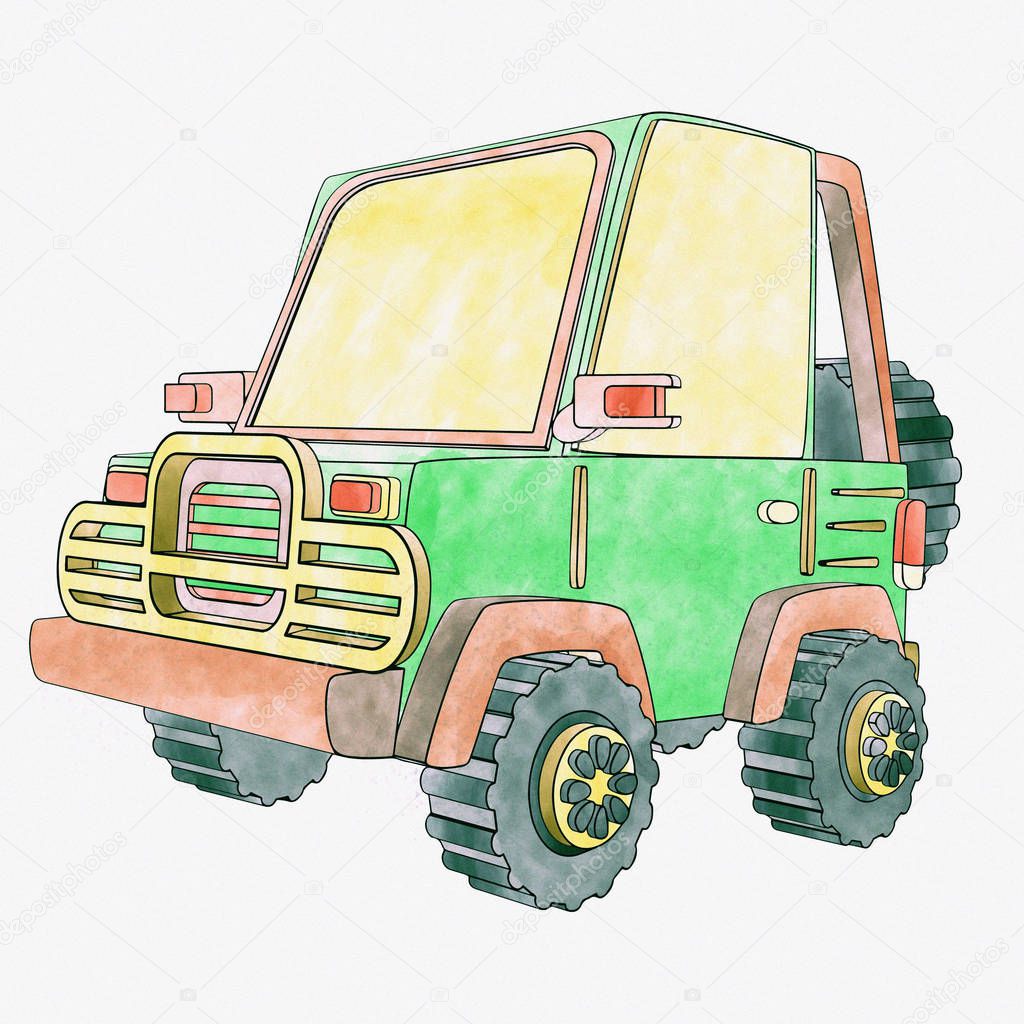 watercolor jeep, isometric car, isolated