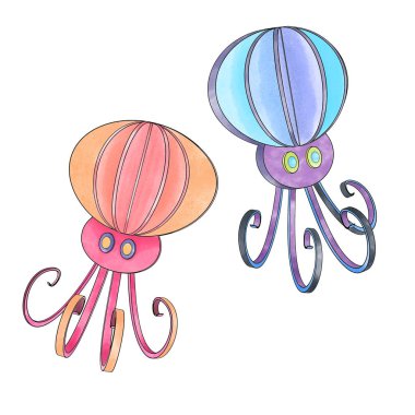 Beyaz arka planda çeşitli kağıt denizanaları, deniz hayvanları, origami koleksiyonu - suluboya