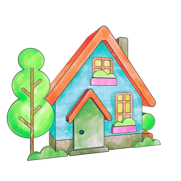 Bright watercolor house, isometric house, isolated