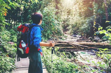 Turist iz sırt çantası cr ile seyahat adam ormandaki hiking