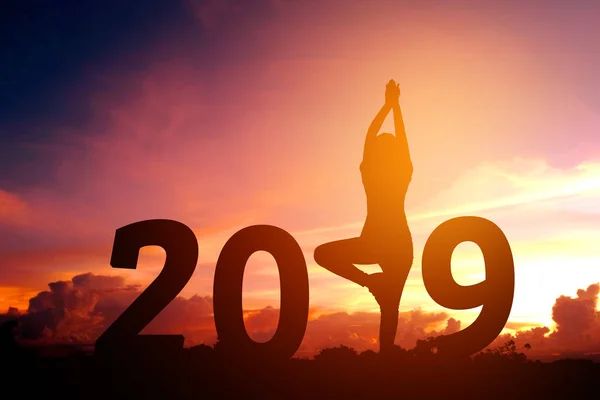 2018 yeni yıl Yoga pratik siluet genç kadın — Stok fotoğraf