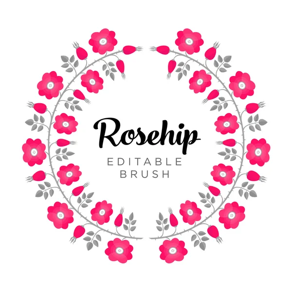 Rosehip cadre en couleurs rose et gris, belle brosse modifiable arrondie — Image vectorielle