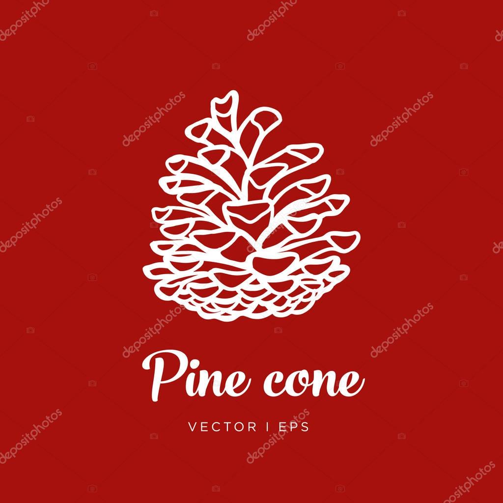 Vector editable outline image of the new year or Christmas Pine cone, hand-drawn, red background