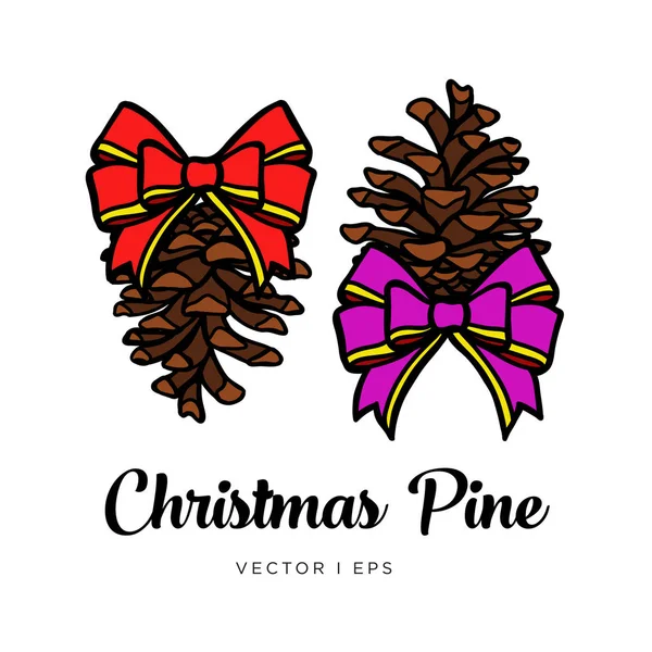Christmas Pine. Vector editable image of the New year or Christmas brown Pine cone with a red and violet ribbon bow. — Stock Vector