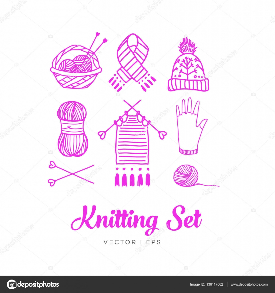 Pink Knitting Set Contains Hand Drawn Vector Editable
