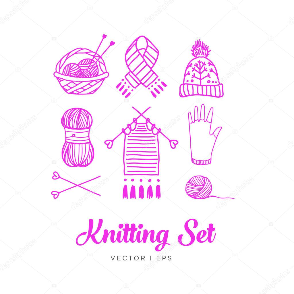 Pink knitting set. Contains hand drawn vector editable images of the clew, the yarn, the knitting needles, the thread, the basket, the knit work, the hat, the glove, the scarf and a needle.