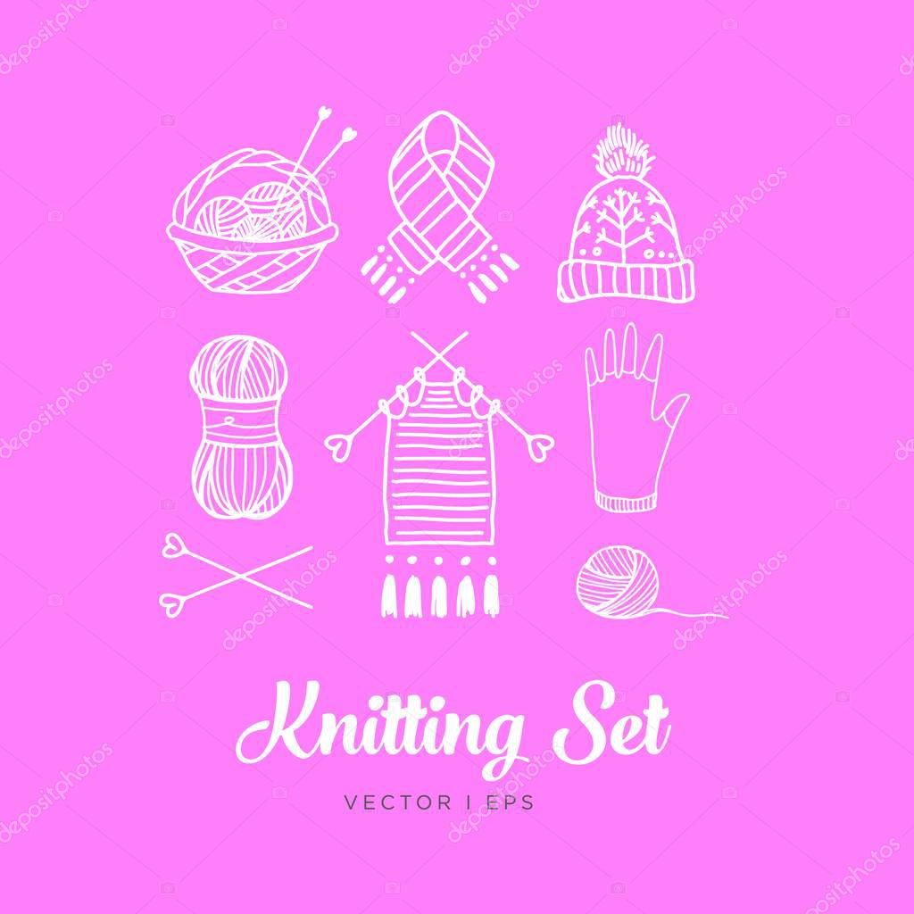 Inverted knitting set. Contains hand drawn vector editable images of the clew, the yarn, the knitting needles, the thread, the basket, the knit work, the hat, the glove, the scarf and a needle.