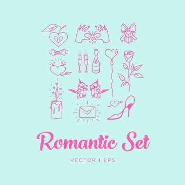Blue Romantic St. Valentines Day Set. Contains images of couple of birds, rose, champagne with glasses, candle, balloon, gift, hands, envelope, bow tie, apple and heart. Inverted. clipart