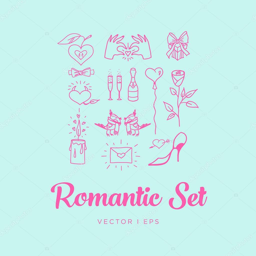 Blue Romantic St. Valentines Day Set. Contains images of couple of birds, rose, champagne with glasses, candle, balloon, gift, hands, envelope, bow tie, apple and heart. Inverted.