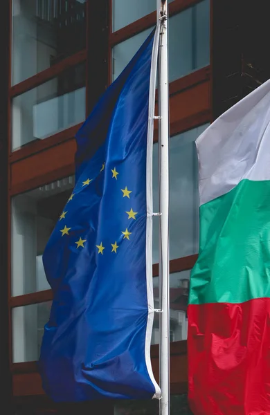 European union flag and flag of Bulgaria. Blue European union fl