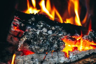 Şömineye odun yanan renkli ateş alev. Yakacak odun günlüğü