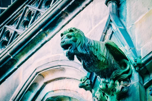 체코 건축, 무서운 사자 석상 조각, 고딕 양식의 사원 — 스톡 사진