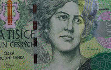 Çek Cumhuriyeti para birimi korunası, banknot desen arka plan, yakın çekim. Fotoğraf çek para parlak deset czk metal paralar, makro görünümü kadar yakın gösteriyor.