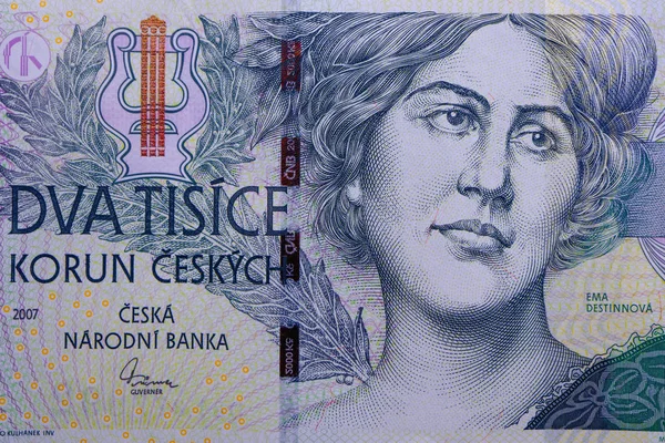 Çek Cumhuriyeti para birimi korunası, banknot desen arka plan, yakın çekim. Fotoğraf çek para parlak deset czk metal paralar, makro görünümü kadar yakın gösteriyor.