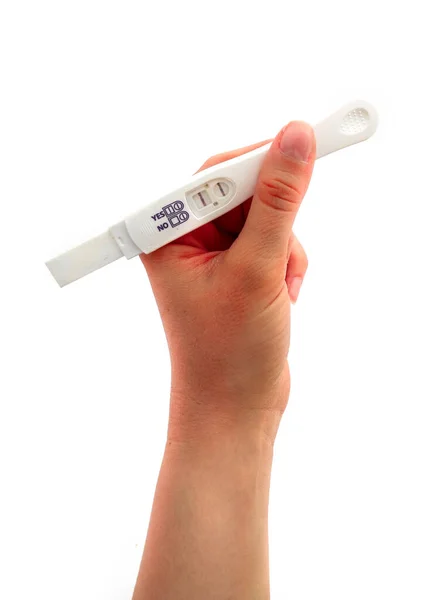 Positive Pregnancy Test Result Showing Two Stripes Hold Hand Isolated — Stock Photo, Image