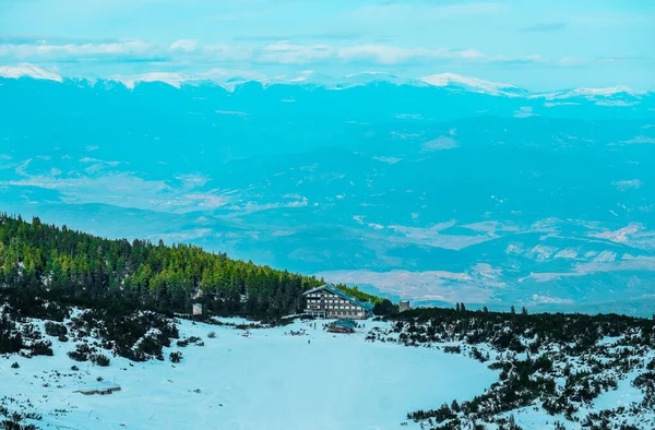 Inverno Alta Montanha Alpina Caminhadas Rota Neve Chalé Público Fundo — Fotografia de Stock